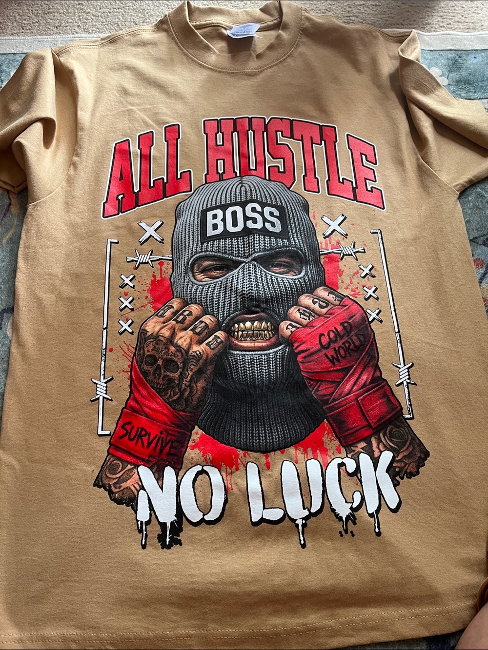 Boss Tan Graphic 'All Hustle No Luck' Pullover with Red Accents